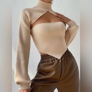 Chic Beige Ribbed Cutout Sweater